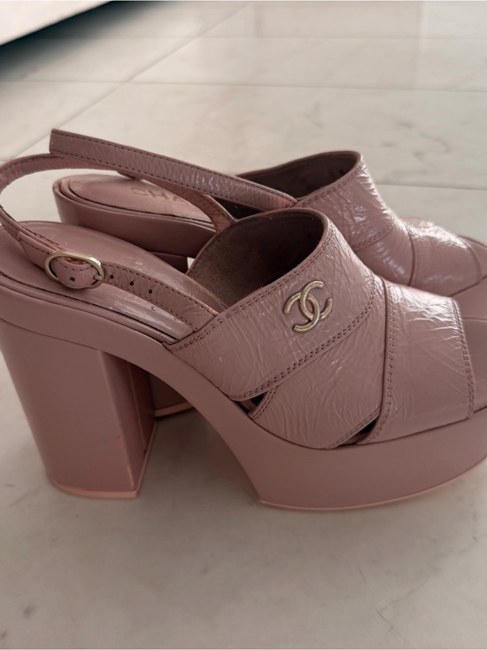 CHANEL Shoes - CHANEL Blush Pink Platform Slingback Sandals with Gold CC